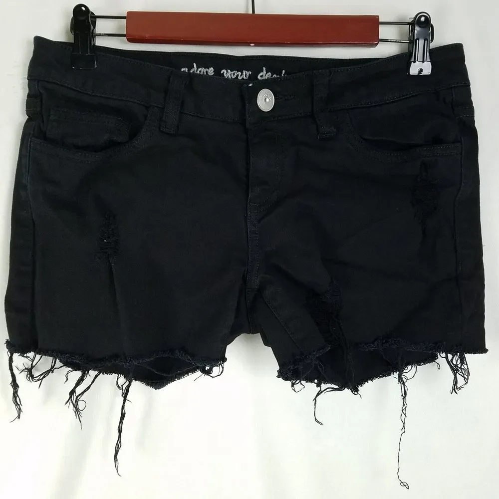 Sneak Peek‎ Denim Shorts Juniors 9 Black Low Rise Distressed Frayed Cut Off